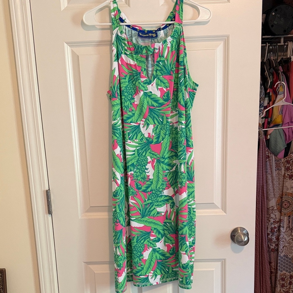 Banana Boat Tropical Leaf Print Sleeveless Dress - Green & Pink XL